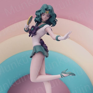 May include: A green and white anime figurine of a female character with long green hair, wearing a white and green outfit and holding a mirror. The figurine is posed with one leg raised and is standing in front of a pastel rainbow background.
