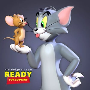 May include: Tom and Jerry, the well-known cartoon cat and mouse duo, are shown in a 3D model. Tom, the cat, is holding Jerry, the mouse, in his paw. Tom has a playful expression on his face, with his tongue sticking out. Jerry is looking at Tom with a curious expression. The model is ready for 3D printing.