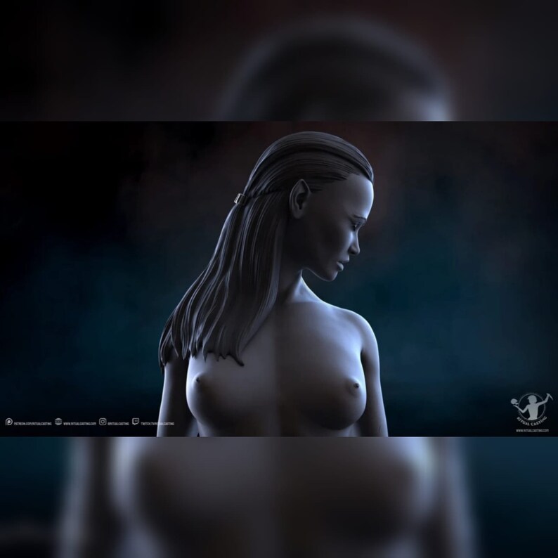 May include: A 3D rendered image of a woman with long, dark hair. She is nude and has a braid in her hair. The background is a dark blue.