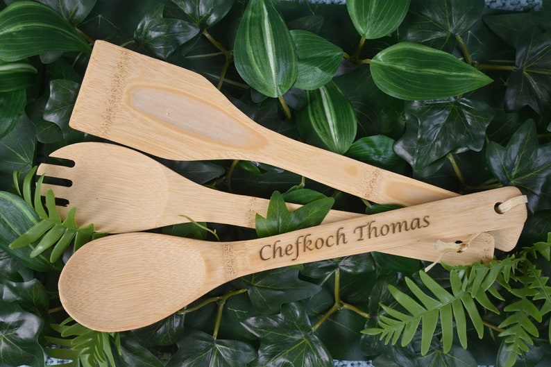 Bamboo Wood Salad Servers With Engraving Personalized Wooden Kitchen