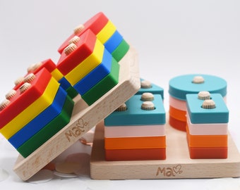 Juguete de clasificación de silicona, juego enchufable con formas geométricas, juguete Montessori y de motricidad fina. Regalo para bebés y niños pequeños.