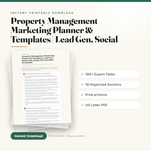 Könnte beinhalten: Ein Marketingplaner und Vorlagen für die Immobilienverwaltung mit Text für Lead-Generierung und soziale Medien. Das druckbare Dokument enthält über 100 Expertenaufgaben, 10 organisierte Abschnitte und ist als US-Letter-PDF zum Ausdrucken formatiert.
