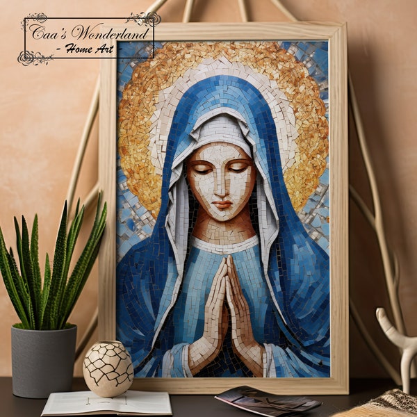 Mosaic Tiles Virgin Mary Wall Art, Christian Faux Stained Glass, Printable Religious Ceramic Digital Download, Tempered Glass Sacred Gift