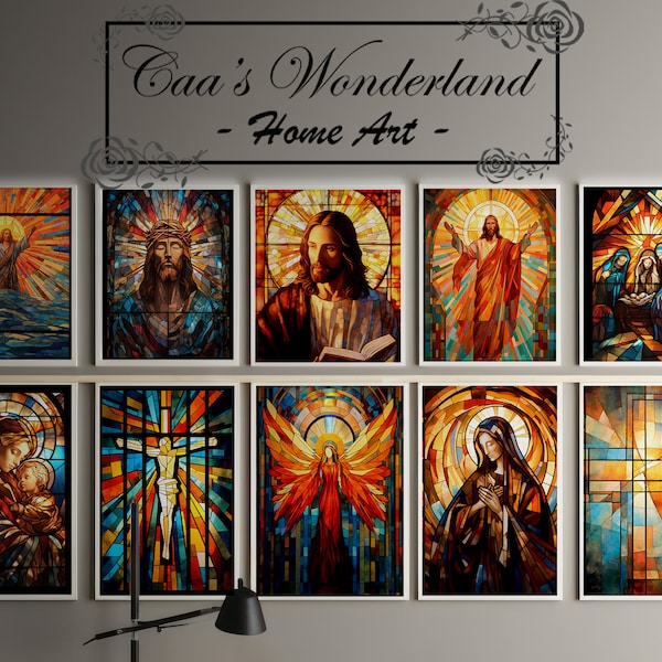 Goddelijke glas-in-lood collectie kunst aan de muur, christelijke faux glas-in-lood, afdrukbare religieuze venster digitale download, gehard glas heilige gift