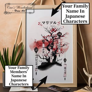 Puede incluir: Una impresión enmarcada con un fondo de acuarela de un cerezo en flor con linternas rojas colgando de las ramas. Los caracteres japoneses para "Mariel", "Javier", "Isabella", "Mateo" y "Valentina" están escritos en las linternas. El texto "Su nombre de familia en caracteres japoneses" está escrito encima de la imagen.