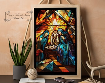 The Nativity Stained Glass Wall Art, Christian Faux Stained Glass, Printable Religious Window Digital Download, Tempered Glass Sacred Gift