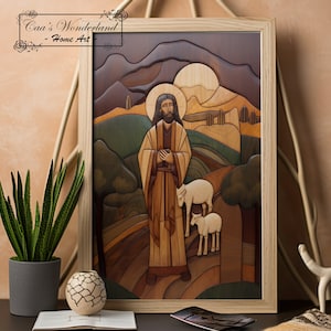 The Good Shepherd Wood Inlay Wall Art Digital Download, Christian Faux Veneer Carving, Printable Religious Sculpture, Intarsia Sacred Gift