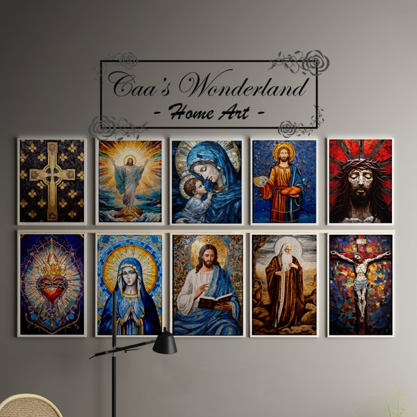 Christelijke mozaïektegels bundel kunst aan de muur, 10 px, namaak gebrandschilderd glas, afdrukbare religieuze keramische digitale download, gehard glas heilig geschenk