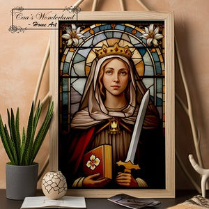 Art mural vitrail Sainte Dymphne, faux vitrail chrétien, fenêtre religieuse imprimable en téléchargement numérique, cadeau sacré en verre trempé