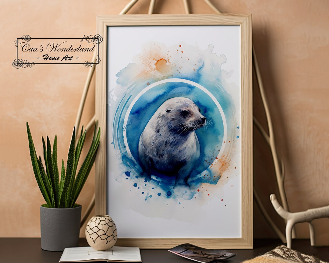 Seal Watercolor Painting Digital Wall Art, Vibrant Adorable Nursery Animal Decor, Modern