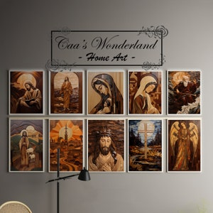 May include: A collection of 10 framed wood mosaic art pieces depicting religious figures and scenes. The art pieces are arranged in a grid on a grey wall. The title "Caa's Wonderland - Home Art -" is displayed above the art pieces.