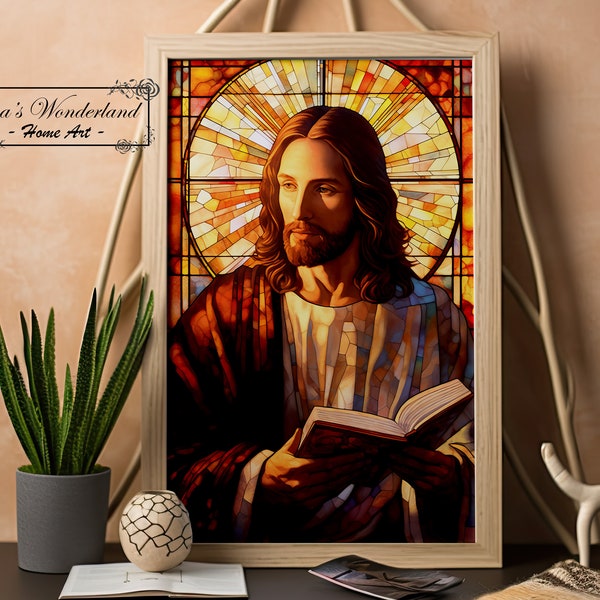 Jesus Stained Glass Wall Art, Christian Faux Stained Glass, Printable Religious Window Digital Download, Colorful Tempered Glass Sacred Gift