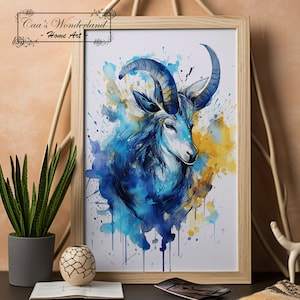 Steinbock Sternzeichen druckbare digitale Wandkunst, einzigartiges Aquarell Geburtstagsgeschenk, Astrologie Ästhetik, modernes Regenbogen minimalistisches Poster