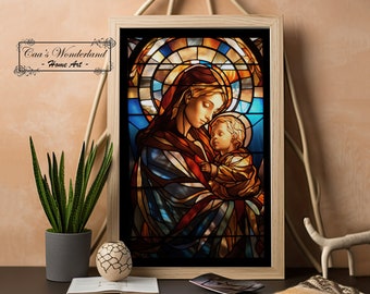 Mother Mary Stained Glass Wall Art, Christian Faux Stained Glass, Printable Religious Window Digital Download, Tempered Glass Sacred Gift