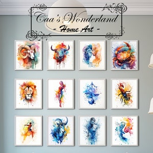 Zodiac Signs Printable Digital Wall Art Bundle, Unique Watercolor Birthday Gift, Astrology Aesthetic, Modern Rainbow Minimalist Poster