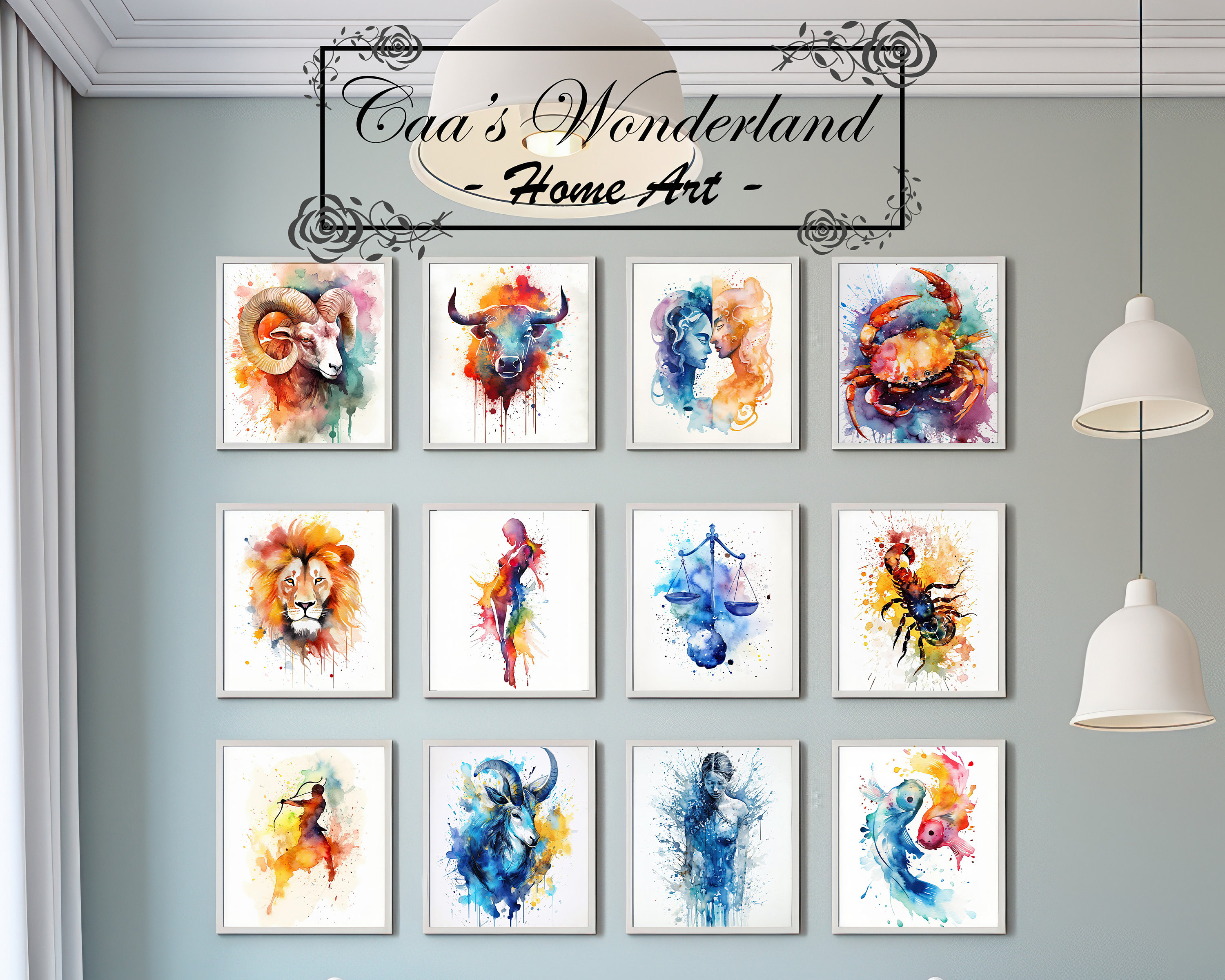 Zodiac Signs Printable Digital Wall Art Bundle, Unique Watercolor Birthday Gift, Astrology Aesthetic, Modern Rainbow Minimalist Poster
