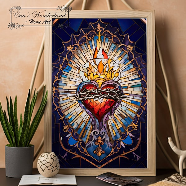 Holy Heart Mosaic Tiles Wall Art, Christian Faux Stained Glass, Printable Religious Ceramic Digital Download, Tempered Glass Sacred Gift