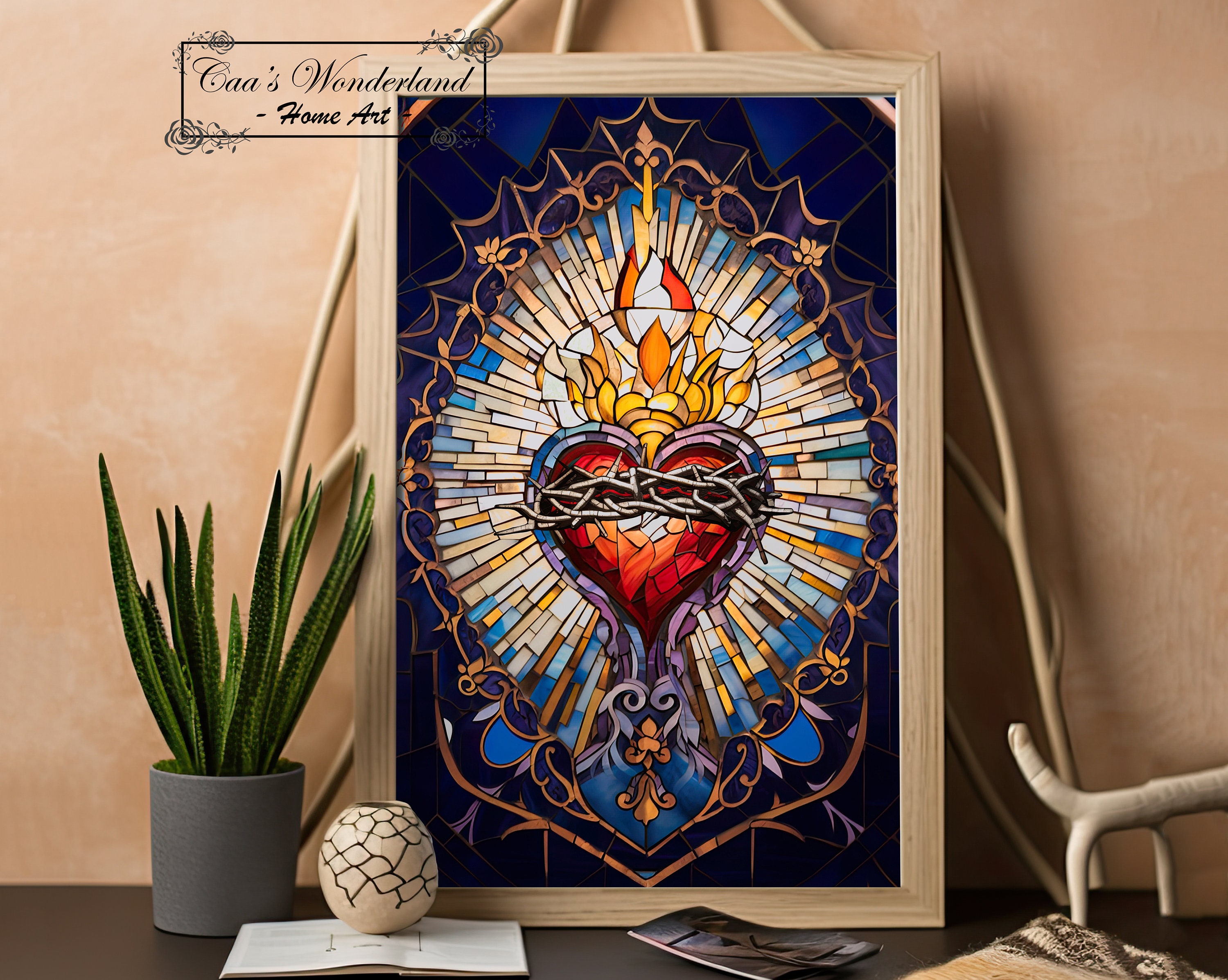 Holy Heart Mosaic Tiles Wall Art, Christian Faux Stained Glass, Printable Religious Ceramic Digital Download, Tempered Glass Sacred Gift