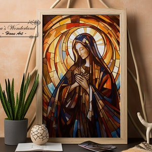 Virgin Mary Stained Glass Wall Art, Christian Faux Stained Glass, Printable Religious Window Digital Download, Tempered Glass Sacred Gift