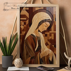 Download digital de arte de parede com incrustação de madeira da Virgem Maria, entalhe cristão em folheado falso, escultura religiosa para impressão, presente sagrado com intarsia, mosaico