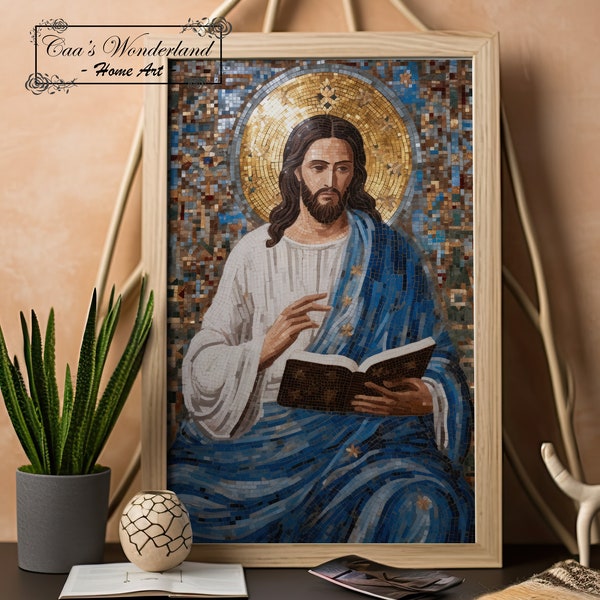 Mosaic Tiles Bible Jesus Wall Art, Christian Faux Stained Glass, Printable Religious Ceramic Digital Download, Tempered Glass Sacred Gift