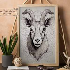 Steinbock druckbare digitale Wandkunst, minimalistisches geometrisches Sternzeichen Einzigartiges Geburtstagsgeschenk, neutrale schwarzweiße Astrologieästhetik