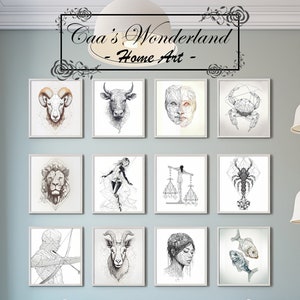 Zodiac Bundle druckbare digitale Wandkunst, minimalistisches geometrisches Sternzeichen Einzigartiges Geburtstagsgeschenk, neutrale schwarzweiße Astrologie-Ästhetik