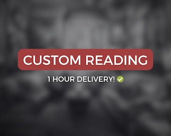 May include: A red rectangular banner with the words "CUSTOM READING" in white text. Below, the text "1 HOUR DELIVERY!" is displayed, accompanied by a green checkmark, set against a blurred black and gray background.