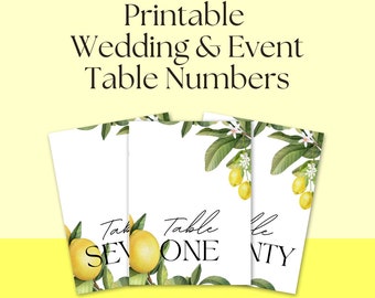 6x4in Mediterranean Lemons Printable Wedding Baby Shower Event Table Numbers | Numbers 1-20 included (No number 13)