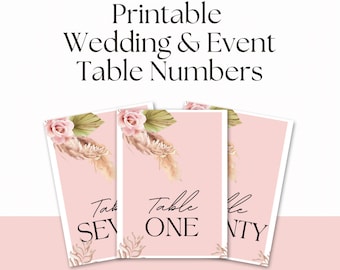 5x7in Boho Floral Pink Printable Wedding Baby Shower Event Table Numbers | Numbers 1-20 included (No number 13)