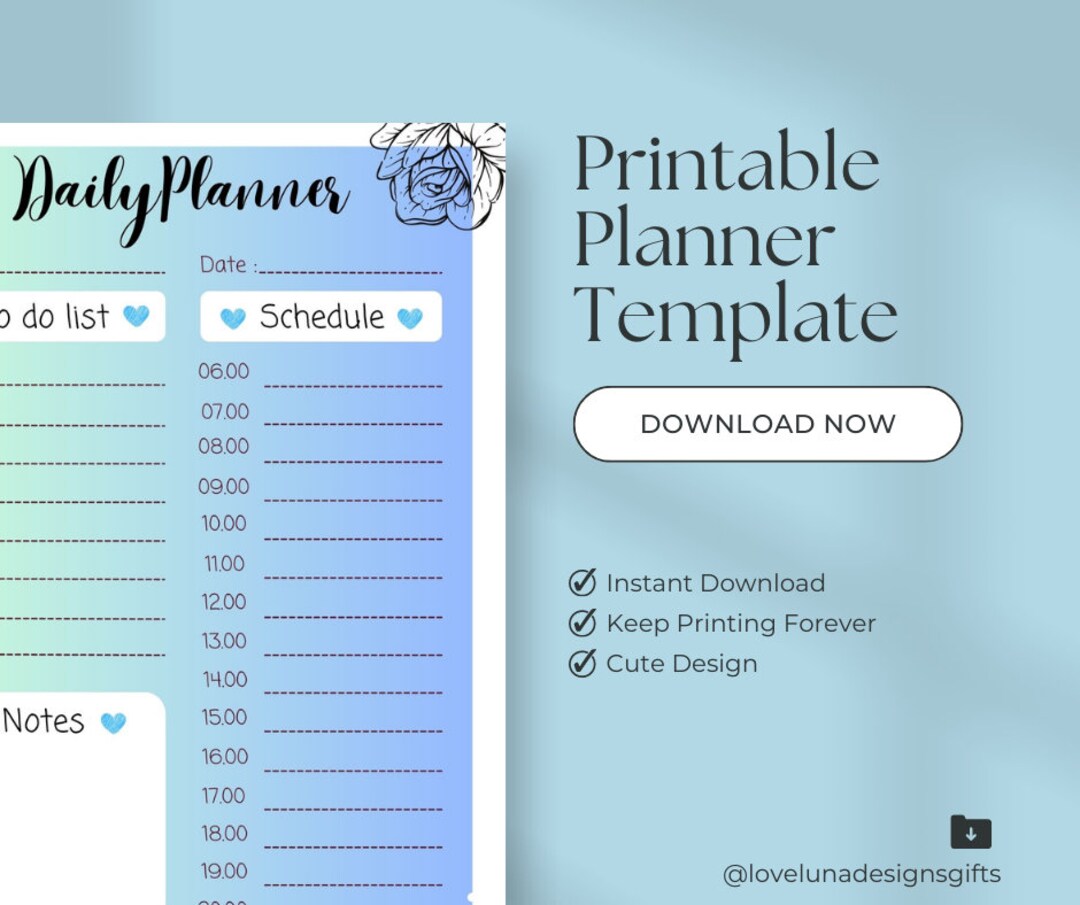 A5 Cute Blue Floral Ombre & Hearts Printable Daily Planner | Work ...