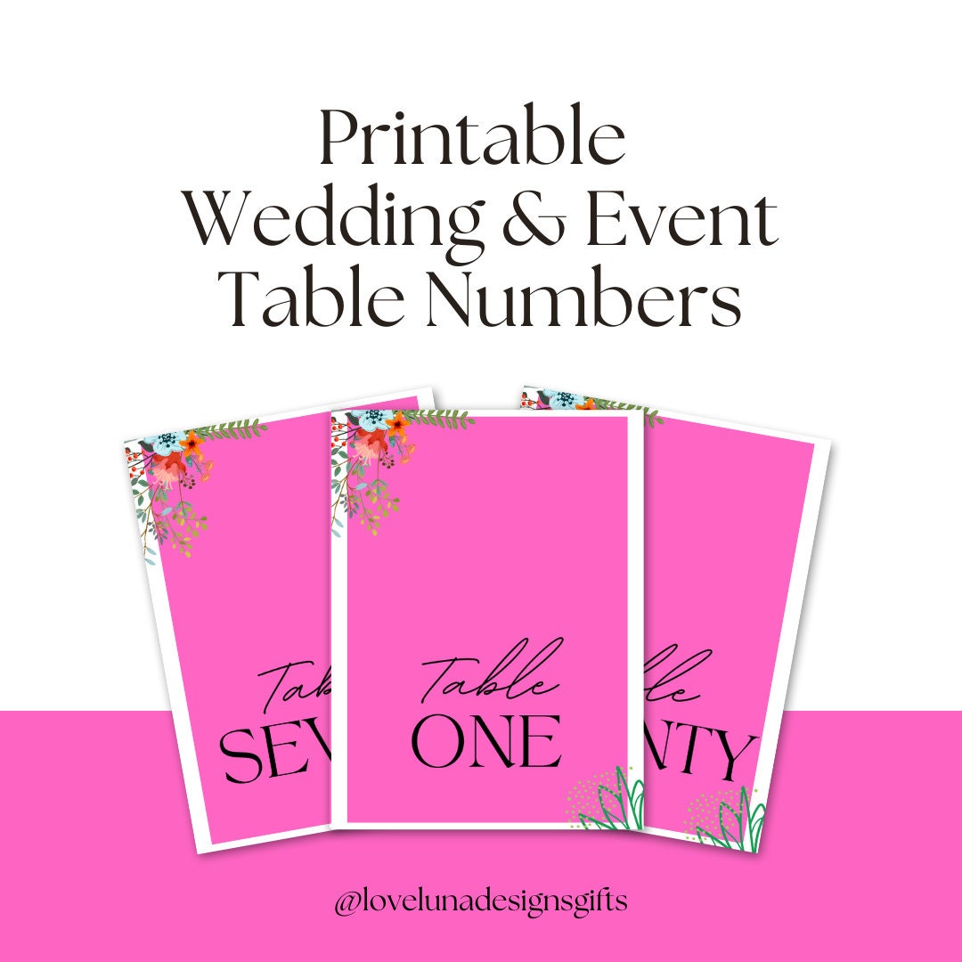 Table Numbers For Events 6x4in Floral Bright Pink Printable Wedding Baby Shower Event Table ...