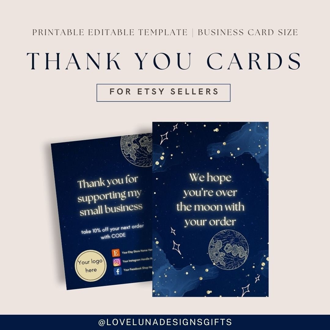 Editable Thank You Card for Etsy Sellers & Small Business Owners Celestial Blue Design Business Card Size - Customise your Design on Canva
