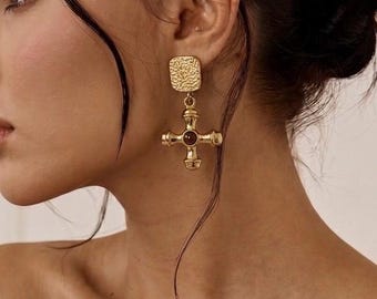 Chunky Gold Cross Earrings Gemstone Cross Dangle Earrings Tiger Eye Green Agate Statement Jewelry Faith Jewelry Gold Earrings Gift For Her
