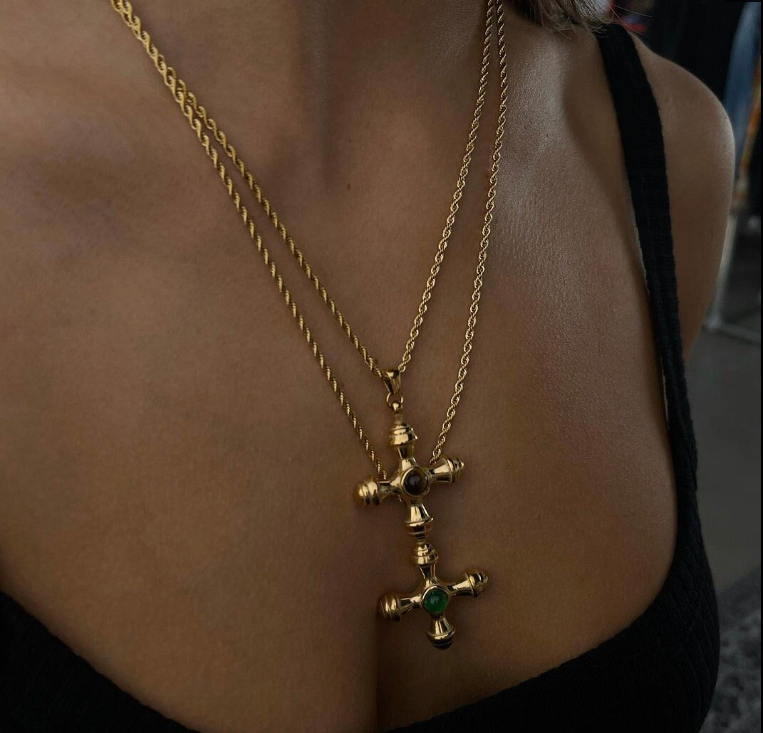 Gold & Charcoal Gray Beaded w/Large Gold Rhinestone Cross Pendant Necklace