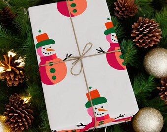 Wrapping Paper: Snowman {Christmas, Holiday, Gift Wrap}, Whimsical pop art snowman paper, light green, pink, white, fun festive holiday wrap