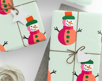 Wrapping Paper: Snowman {Christmas, Holiday, Gift Wrap}, Whimsical pop art snowman paper, light green, pink, white, fun festive holiday wrap