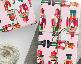 Wrapping Paper: Nutcrackers {Christmas, Holiday, Gift Wrap}, whimsical nutcracker solider wrap, pink, light green, white, fun gift decor