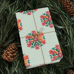 Wrapping Paper: Snowflakes {Christmas, Holiday, Gift Wrap}, Bright colorful pop art snowflake pattern wrap for presents, pink, green, white