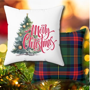 Merry Christmas Tartan Plaid Throw Pillow Christmas Trees, Stewart Plaid, Seasonal Holiday Decor, Living Room Festive Pillow, Plaid Cushion