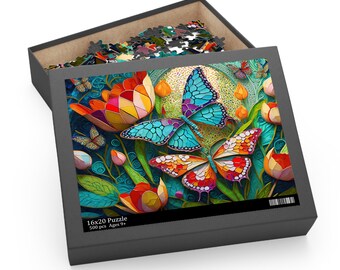 Puzzle Mosaik Malerei Schmetterlinge und Tulpen Geschenk für Naturkunstliebhaber, Valentinsgrüße, Geburtstag, Jubiläum, Flitterwochen, Natur, Familienspiel