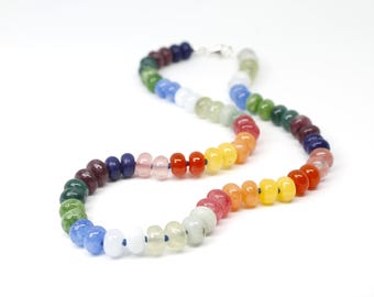 Dark to Light Rainbow Colored Gemstone Hand Knotted Gemstone Beaded Necklace