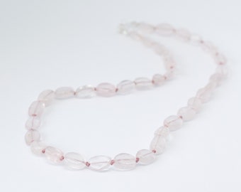 Oval Cut Rose Quartz Hand Knotted Gemstone Necklace