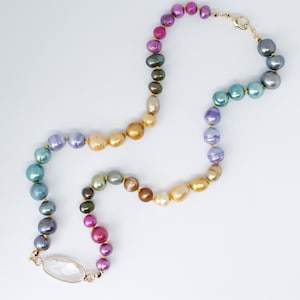 Rainbow Pearls Hand Knotted OOAK One of a Kind Gemstone Quartz Pendant Necklace