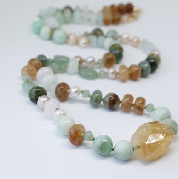 One of a Kind Citrine Center Mixed Gemstone Hand Knotted Necklace OOAK