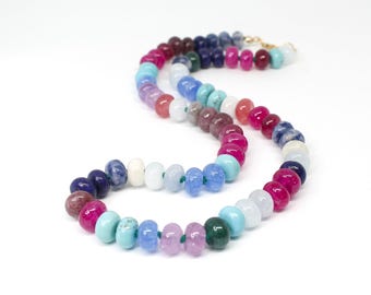 Regenbogen farbige Edelstein Hand geknotete Edelstein Perlen Halskette