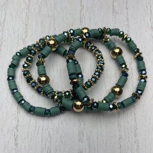Green Bracelet Set with Crystals and Gold Beads