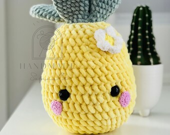 Pineapple Handmade Plushie: cute yellow pineapple, stuffed fruit, cute kawaii desk buddy, home decor, US made, pineapple cushion, amigurumi