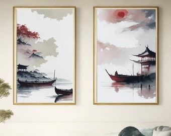 Zwei ruhige japanische Landschaftsszenen, Wandkunst, druckbare Wandkunst, druckbare digitale Kunst, Schlafzimmer Wandkunst, druckbare Plakatkunst