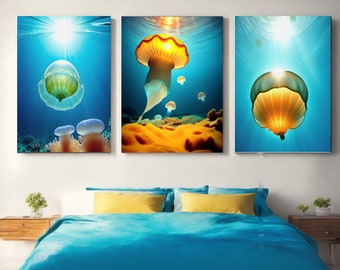 3 jellyfish from below with sun glare, wall art, Printable wall art Printable home decor, Digital art, Bedroom wall art, Printable poster